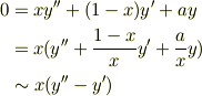 0 &= xy''+(1-x)y'+ay\\&= x(y''+\frac{1-x}{x}y'+\frac{a}{x}y)\\&\sim x(y''-y')