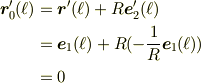 \bm{r}_0'(\ell) &= \bm{r}'(\ell) + R \bm{e}_2'(\ell)\\&= \bm{e}_1(\ell) + R (-\frac{1}{R} \bm{e}_1(\ell))\\&= 0