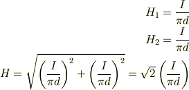 H_1=\frac{I}{\pi d}\\H_2=\frac{I}{\pi d}\\H=\sqrt{\left(\frac{I}{\pi d}\right)^2+\left(\frac{I}{\pi d}\right)^2}=\sqrt{2}\left(\frac{I}{\pi d}\right)