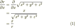 \frac{\partial r}{\partial x} & = \frac{\partial}{\partial x} \sqrt{x^2 + y^2 + z^2} \\& = \frac{x}{\sqrt{x^2 + y^2 + z^2}} \\& = \frac{x}{r} \tag{1}