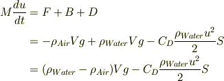 M\frac{d u}{dt} &= F+B+D \\&= -\rho_{Air}Vg+\rho_{Water}Vg-C_{D}\frac{\rho_{Water}u^2}{2}S\\&= (\rho_{Water}-\rho_{Air})Vg -C_{D}\frac{\rho_{Water}u^2}{2}S