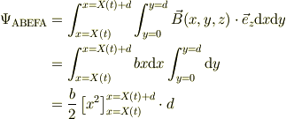 \Psi_{\mathrm{ABEFA}} &= \int_{x=X(t)}^{x=X(t)+d}\int_{y=0}^{y=d}\vec B(x,y,z) \cdot \vec e_z \mathrm{d}x \mathrm{d}y\\&=\int_{x=X(t)}^{x=X(t)+d}bx  \mathrm{d}x\int_{y=0}^{y=d} \mathrm{d}y\\&= \frac{b}{2}\left[x^2\right]_{x=X(t)}^{x=X(t)+d}\cdot d