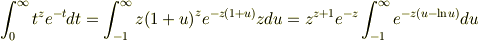 \int_{0}^{\infty}t^{z}e^{-t}dt=\int_{-1}^{\infty}{z(1+u)}^{z}e^{-z(1+u)}zdu &=z^{z+1}e^{-z}\int_{-1}^{\infty}e^{-z(u-\ln{u})}du