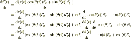\frac{\mathrm{d}\vec r(t)}{\mathrm{d} t}&= \frac{\mathrm{d}\{r(t)[\cos(\theta(t))\vec e_x + \sin(\theta(t))\vec e_y]\} }{\mathrm{d} t}\\&= \frac{\mathrm{d} r(t)}{\mathrm{d} t}[\cos(\theta(t))\vec e_x + \sin(\theta(t))\vec e_y] +r(t)\frac{\mathrm{d}}{\mathrm{d} t}[\cos(\theta(t))\vec e_x + \sin(\theta(t))\vec e_y] \\&= \frac{\mathrm{d} r(t)}{\mathrm{d} t}[\cos(\theta(t))\vec e_x + \sin(\theta(t))\vec e_y] +r(t)\frac{\mathrm{d} \theta(t)}{\mathrm{d}t}\frac{\mathrm{d}}{\mathrm{d} \theta}[\cos(\theta)\vec e_x + \sin(\theta)\vec e_y]\\&= \frac{\mathrm{d} r(t)}{\mathrm{d} t}[\cos(\theta(t))\vec e_x + \sin(\theta(t))\vec e_y] +r(t)\frac{\mathrm{d} \theta(t)}{\mathrm{d}t}[-\sin(\theta)\vec e_x + \cos(\theta)\vec e_y]