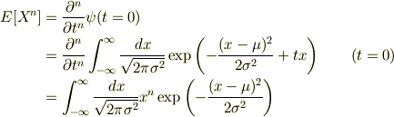 E[X^n]&=\frac{\partial^n}{\partial t^n}\psi(t=0)\\&=\frac{\partial^n}{\partial t^n}\int_{-\infty}^\infty\frac{dx}{\sqrt{2\pi\sigma^2}}\exp\left(-\frac{(x-\mu)^2}{2\sigma^2}+tx\right)\qquad (t=0)\\&=\int_{-\infty}^\infty\frac{dx}{\sqrt{2\pi\sigma^2}}x^n\exp\left(-\frac{(x-\mu)^2}{2\sigma^2}\right)