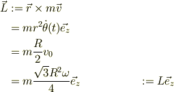 \vec L &:= \vec r \times m \vec v\\&= mr^2\dot \theta(t)\vec e_z\\&= m\frac{R}{2}v_0\\&= m\frac{\sqrt{3}R^2\omega}{4}\vec e_z &:= L\vec e_z  