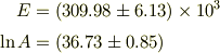 E &= (309.98 \pm 6.13)\times 10^3\\\ln{A} &=(36.73 \pm 0.85)