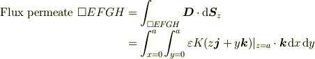 \text{Flux permeate }\square {EFGH} &= \int_{\square EFGH}\bm{D}\cdot\mathrm{d}\bm{S}_{z}\\&= \int_{x=0}^{a}\mspace{-1mu}\int_{y=0}^{a}\varepsilon K(z \bm{j} + y \bm{k})|_{z=a}\cdot\bm{k}\mspace{2mu}{\rm d}x\mspace{2mu}{\rm d}y 