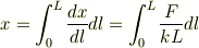 x=\int_0^L\frac{dx}{dl}dl=\int_0^L\frac{F}{kL}dl