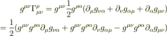 g^{\mu\nu}\Gamma^{\rho}_{\mu\nu}=g^{\mu\nu}\frac{1}{2}g^{\rho\alpha}(\partial_{\mu}g_{\nu\alpha}+\partial_{\nu}g_{\alpha\mu}+\partial_{\alpha}g_{\mu\nu})\\=\frac{1}{2}(g^{\mu\nu}g^{\rho\alpha}\partial_{\mu}g_{\nu\alpha}+g^{\mu\nu}g^{\rho\alpha}\partial_{\nu}g_{\alpha\mu}-g^{\mu\nu}g^{\rho\alpha}\partial_{\alpha}g_{\mu\nu})