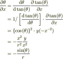 \frac{\partial \theta}{\partial x} &= \frac{\mathrm{d} \theta}{\mathrm{d}\tan(\theta)}\frac{\partial \tan(\theta)}{\partial x}\\  &=1/\left[\frac{\mathrm{d}\tan(\theta)}{\mathrm{d} \theta}\right]\cdot \frac{\partial \tan(\theta)}{\partial x} \\&= \{\cos(\theta)\}^2 \cdot y(-x^{-2})\\&= -\frac{x^2}{r^2} \frac{y}{x^2}\\&= -\frac{\sin(\theta)}{r}