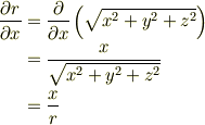 \frac{\partial r}{\partial x} & = \frac{\partial}{\partial x} \left(\sqrt{x^2+y^2+z^2}\right)\\& = \frac{x}{\sqrt{x^2+y^2+z^2}}\\& = \frac{x}{r}