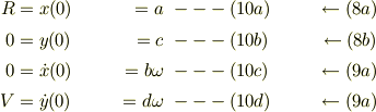 R &= x(0) &= a &\ ---(10a) & \leftarrow (8a)\\0 &= y(0) &= c &\ ---(10b) & \leftarrow (8b)\\0 &= \dot x(0) &= b\omega &\ ---(10c) & \leftarrow (9a)\\V &= \dot y(0) &= d\omega &\ ---(10d) & \leftarrow (9a)