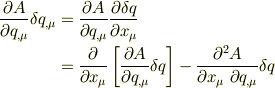 \frac{\partial A}{\partial q_{,\mu}}\delta q_{,\mu}&= \frac{\partial A}{\partial q_{,\mu}}\frac{\partial \delta q}{\partial x_{\mu}}\\&= \frac{\partial }{\partial x_{\mu}}\left[ \frac{\partial A}{\partial q_{,\mu}} \delta q \right] -\frac{\partial^2 A}{\partial x_{\mu}\ \partial q_{,\mu}}\delta q