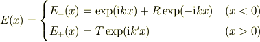 E(x) = \begin{cases}E_{-}(x)=\exp(\mathrm{i}kx) + R \exp(-\mathrm{i}kx) & (x<0)\\E_{+}(x)=T\exp(\mathrm{i}k'x)                      & (x>0) \end{cases}