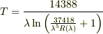 T=\frac{14388}{\lambda\ln\left(\frac{37418}{\lambda^5R(\lambda)}+1\right)}