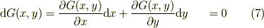 \mathrm{d}G(x,y) &= \frac{\partial G(x,y)}{\partial x}\mathrm{d}x +\frac{\partial G(x,y)}{\partial y}\mathrm{d}y &= 0 &\qquad(7)