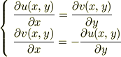 \left\{\begin{array}{l}\displaystyle \frac{\partial u(x,y)}{\partial x}=\frac{\partial v(x,y)}{\partial y} \\\displaystyle \frac{\partial v(x,y)}{\partial x}=-\frac{\partial u(x,y)}{\partial y} \\\end{array} \right.