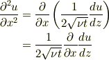 \frac{\partial^2 u}{\partial x^2} &=\frac{\partial}{\partial x}\left(\frac{1}{2\sqrt{\nu t}}\frac{du}{dz} \right) \\&=\frac{1}{2\sqrt{\nu t}}\frac{\partial }{\partial x}\frac{du}{dz}