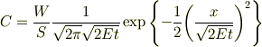 C = \frac{W}{S} \frac{1}{\sqrt{2\pi}\sqrt{2 E t}} \exp\left\{-\frac{1}{2} {\left(\frac{x}{\sqrt{2Et}}\right)}^2\right\}