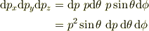 \mathrm{d}p_x\mathrm{d}p_y\mathrm{d}p_z&=\mathrm{d}p ~ p\mathrm{d}\theta ~ p\sin\theta\mathrm{d}\phi\\&=p^2\sin\theta ~ \mathrm{d}p\,\mathrm{d}\theta\,\mathrm{d}\phi