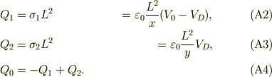Q_{1} &=\sigma_{1}L^2 &=\varepsilon_{0}\frac{L^2}{x}(V_{0}-V_{D}), \tag{A2} \\Q_{2} &=\sigma_{2}L^2 &=\varepsilon_{0}\frac{L^2}{y}V_{D}, \tag{A3} \\Q_{0} &= -Q_{1} +Q_{2}. \tag{A4}