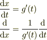 \frac{\mathrm{d}x}{\mathrm{d}t} &= g'(t)\\\frac{\mathrm{d}}{\mathrm{d}x}  &= \frac{1}{g'(t)}\frac{\mathrm{d}}{\mathrm{d}t}
