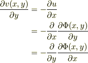 \frac{\partial v(x,y)}{\partial y} &= -\frac{\partial u}{\partial x}\\&= -\frac{\partial}{\partial x}\frac{\partial \Phi(x,y)}{\partial y}\\&= -\frac{\partial}{\partial y}\frac{\partial \Phi(x,y)}{\partial x}