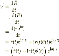 \vec V &= \frac{\mbox{d}  \vec R}{\mbox{d} t}\\&\to \frac{\mbox{d}(R)}{\mbox{d} t} \\&= \frac{\mbox{d} (r\mbox{e}^{\mbox{i}\theta})}{\mbox{d} t}\\&= \dot r(t) \mbox{e}^{\mbox{i}\theta (t)}+\mbox{i}r(t)\dot \theta(t)\mbox{e}^{\mbox{i}\theta (t)}\\&= \left( \dot r(t) +\mbox{i}r(t)\dot \theta (t)  \right)\mbox{e}^{\mbox{i}\theta (t)}