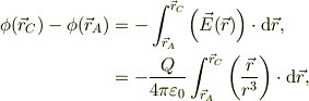 \phi(\vec r_{C}) -\phi(\vec r_{A}) &= -\int_{\vec r_{A}}^{\vec r_{C}}\left( \vec E(\vec r) \right) \cdot \mbox{d}\vec r,\\&= -\frac{Q}{4\pi \varepsilon_{0}}\int_{\vec r_{A}}^{\vec r_{C}}\left( \frac{\vec r}{r^{3}} \right) \cdot \mbox{d}\vec r,