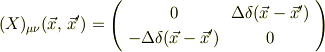 (X)_{\mu\nu}(\vec x,\,\vec x^\prime)=\left( \begin{array}{cc}0&\Delta \delta (\vec x-\vec x^\prime)\\-\Delta \delta (\vec x-\vec x^\prime)&0\end{array}\right)