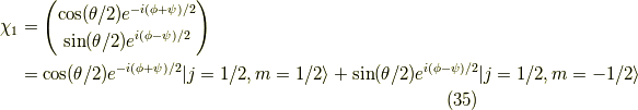 \chi_{1}&= \begin{pmatrix}\cos (\theta /2) e^{-i(\phi+\psi)/2} \\\sin (\theta /2) e^{ i(\phi-\psi)/2}\end{pmatrix} \\&= \cos (\theta /2) e^{-i(\phi+\psi)/2}| j=1/2 , m=1/2  \rangle + \sin (\theta /2) e^{ i(\phi-\psi)/2}| j=1/2 , m=-1/2 \rangle \tag{35}