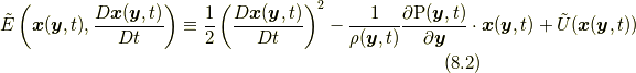\tilde{E}\left( \bm{x}(\bm{y},t),\frac{D\bm{x}(\bm{y} ,t)}{Dt} \right)\equiv \frac{1}{2} \left( \frac{D \bm{x}(\bm{y},t)}{Dt} \right)^{2} -\frac{1}{\rho(\bm{y},t)}\frac{\partial \mathrm{P}(\bm{y},t)}{\partial \bm{y}} \cdot \bm{x}(\bm{y},t) +\tilde{U}(\bm{x}(\bm{y},t)) \tag{8.2}