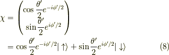 \chi &= \begin{pmatrix} \cos \dfrac{\theta^\prime}{2} e^{-i\phi^\prime/2} \\ \sin \dfrac{\theta^\prime}{2} e^{i\phi^\prime/2} \end{pmatrix} \\ &= \cos \dfrac{\theta^\prime}{2} e^{-i\phi^\prime/2} | \uparrow \rangle + \sin \dfrac{\theta^\prime}{2} e^{i\phi^\prime/2} | \downarrow \rangle \tag{8}