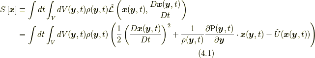 S \left[ \bm{x} \right] &\equiv \int dt \int_{V} dV(\bm{y},t) \rho (\bm{y},t) \tilde{\mathcal{L}} \left( \bm{x}(\bm{y},t), \frac{D \bm{x}(\bm{y},t)}{Dt} \right) \\&= \int dt \int_{V} dV(\bm{y},t) \rho (\bm{y},t) \left( \frac{1}{2} \left( \frac{D \bm{x}(\bm{y},t)}{Dt} \right)^{2} +\frac{1}{\rho(\bm{y},t)}\frac{\partial \mathrm{P}(\bm{y},t)}{\partial \bm{y}} \cdot \bm{x}(\bm{y},t) - \tilde{U}(\bm{x}(\bm{y},t)) \right) \tag{4.1}