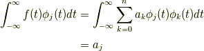 \int^{\infty}_{-\infty} f(t)\phi_j(t) dt &= \int^{\infty}_{-\infty} \sum_{k=0}^{n} a_k \phi_j(t)\phi_k(t) dt\\ &= a_j