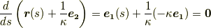 \frac{d}{ds} \left( \bm{r}(s)+\frac{1}{\kappa}\bm{e_{2}} \right) = \bm{e_{1}}(s) + \frac{1}{\kappa}(-\kappa \bm{e_{1}})=\bm{0}