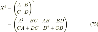 X^2 &= \begin{pmatrix} A & B \\ C & D \end{pmatrix}^2 \\&= \begin{pmatrix} A^2 + BC & AB + BD \\ CA + DC & D^2 + CB \end{pmatrix} \tag{75}