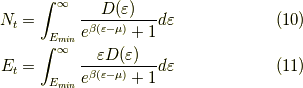 N_t &= \int_{E_{min}}^\infty \dfrac{D(\varepsilon)}{e^{\beta(\varepsilon - \mu)}+1} d \varepsilon \tag{10} \\E_t &= \int_{E_{min}}^\infty \dfrac{\varepsilon D(\varepsilon)}{e^{\beta(\varepsilon - \mu)}+1} d \varepsilon \tag{11}
