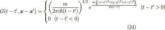 G(t-t^\prime,\bm{x}-\bm{x}^\prime) = \begin{cases}\left( \dfrac{m}{2 \pi i \hbar (t-t^\prime)}\right)^{3/2} e^{\frac{im \left\{ (x-x^\prime)^2 + (y-y^\prime)^2 + (z-z^\prime)^2 \right\}}{2 \hbar (t-t^\prime)}} \ \ (t-t^\prime>0) \\0 \ \ (t-t^\prime < 0)\end{cases}\tag{24}