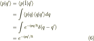 \langle p | q^\prime \rangle &= \langle p | \hat{1} | q^\prime \rangle \\&= \int\langle p | q  \rangle \langle q | q^\prime \rangle dq \\&= \int e^{-ip q/\hbar} \delta(q-q^\prime) \\&= e^{-ip q^\prime/\hbar} \tag{6}