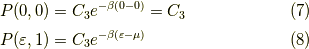 P(0,0) &= C_3 e^{-\beta(0-0)} = C_3 \tag{7} \\P(\varepsilon,1) &= C_3 e^{-\beta(\varepsilon - \mu)} \tag{8}