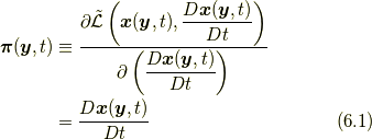 \bm{\pi}(\bm{y},t) &\equiv \frac{ \partial \tilde{ \mathcal{L}} \left( \bm{x} (\bm{y},t), \displaystyle \frac{D \bm{x} (\bm{y},t)}{Dt} \right) }{\partial \left( \displaystyle \frac{D \bm{x} (\bm{y},t)}{Dt} \right)} \\&= \frac{D \bm{x} (\bm{y},t)}{Dt} \tag{6.1}