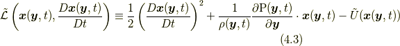 \tilde{\mathcal{L}} \left( \bm{x}(\bm{y},t),\frac{D\bm{x}(\bm{y} ,t)}{Dt} \right) \equiv \frac{1}{2} \left( \frac{ D \bm{x} ( \bm{y},t)}{Dt} \right) ^{2} + \frac{1}{\rho (\bm{y},t)} \frac{\partial \mathrm{P}(\bm{y},t)}{\partial \bm{y}} \cdot \bm{x}(\bm{y},t) - \tilde{U} ( \bm{x}(\bm{y} ,t)) \tag{4.3}
