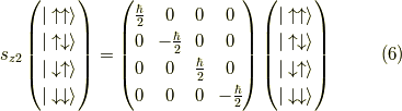 s_{z2}\begin{pmatrix}|\uparrow \uparrow \rangle \\|\uparrow \downarrow \rangle \\|\downarrow \uparrow \rangle \\|\downarrow \downarrow \rangle \end{pmatrix}=\begin{pmatrix}\frac{\hbar}{2} & 0 & 0 & 0 \\0 & -\frac{\hbar}{2} & 0 & 0 \\0 & 0 & \frac{\hbar}{2} & 0 \\0 & 0 & 0 & -\frac{\hbar}{2}\end{pmatrix} \begin{pmatrix}|\uparrow \uparrow \rangle \\|\uparrow \downarrow \rangle \\|\downarrow \uparrow \rangle \\|\downarrow \downarrow \rangle\end{pmatrix}\tag{6}