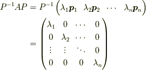 P^{-1}AP &= P^{-1}\begin{pmatrix}\lambda_1 \bm{p}_1 & \lambda_2 \bm{p}_2  & \cdots & \lambda_n \bm{p}_n \end{pmatrix} \\&= \begin{pmatrix}\lambda_1 & 0 & \cdots & 0 \\0 & \lambda_2 & \cdots & 0 \\\vdots & \vdots & \ddots & 0 \\0 & 0 & 0 & \lambda_n\end{pmatrix}