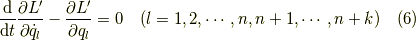 {\mathrm{d}\over\mathrm{d}t}{\partial L'\over \partial \dot{q}_l}-{\partial L'\over \partial q_l}=0 \quad (l=1,2,\cdots,n,n+1,\cdots,n+k) \tag{6}